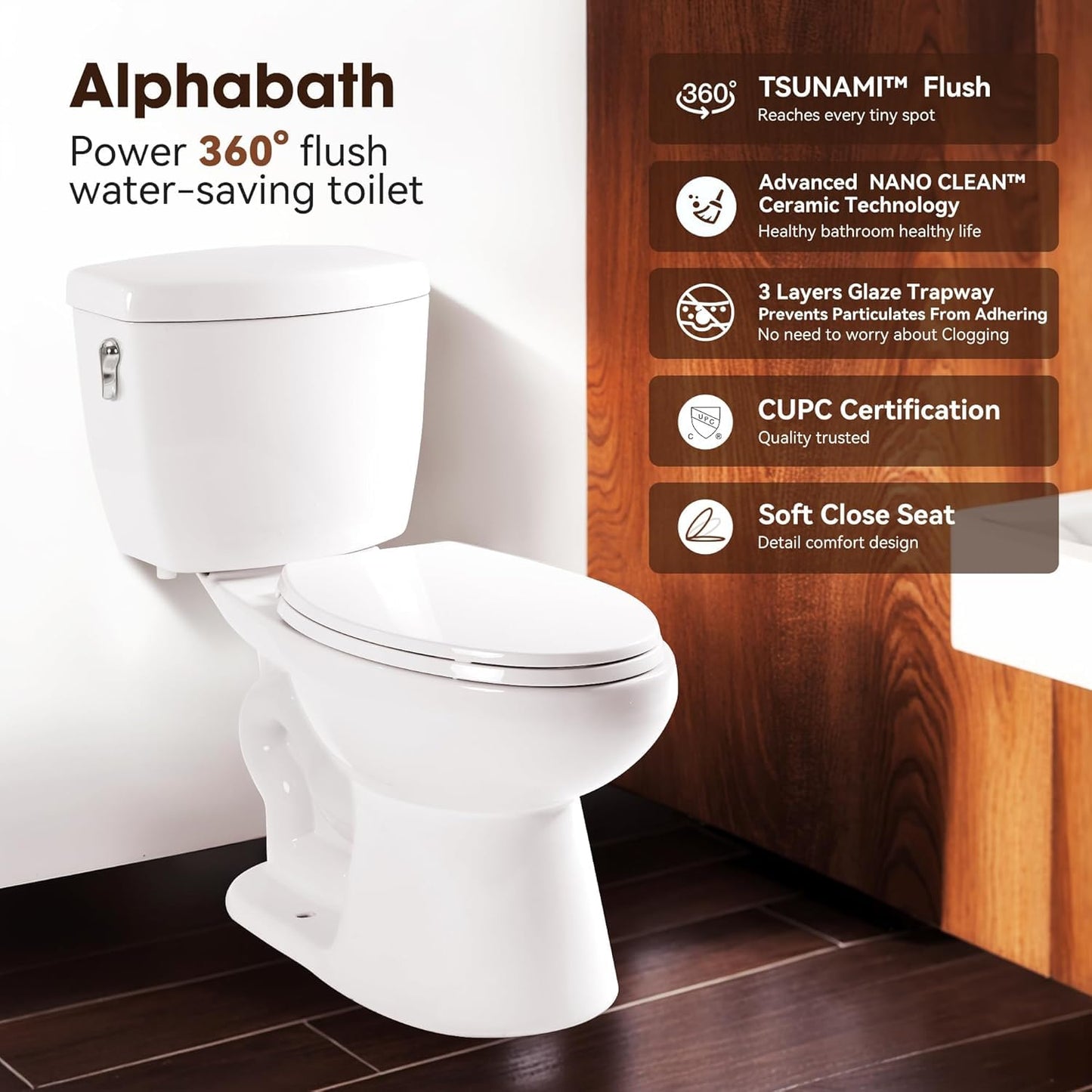 Alphabath Elongated Two Piece Toilet for Bathrooms, 17" ADA Comfort Height Toilets, 1.01 GPF Powerful Single Flush, Nano Self-Cleaning Glaze, Easy to Clean and Install, MAP1000g, 12" Rough-In