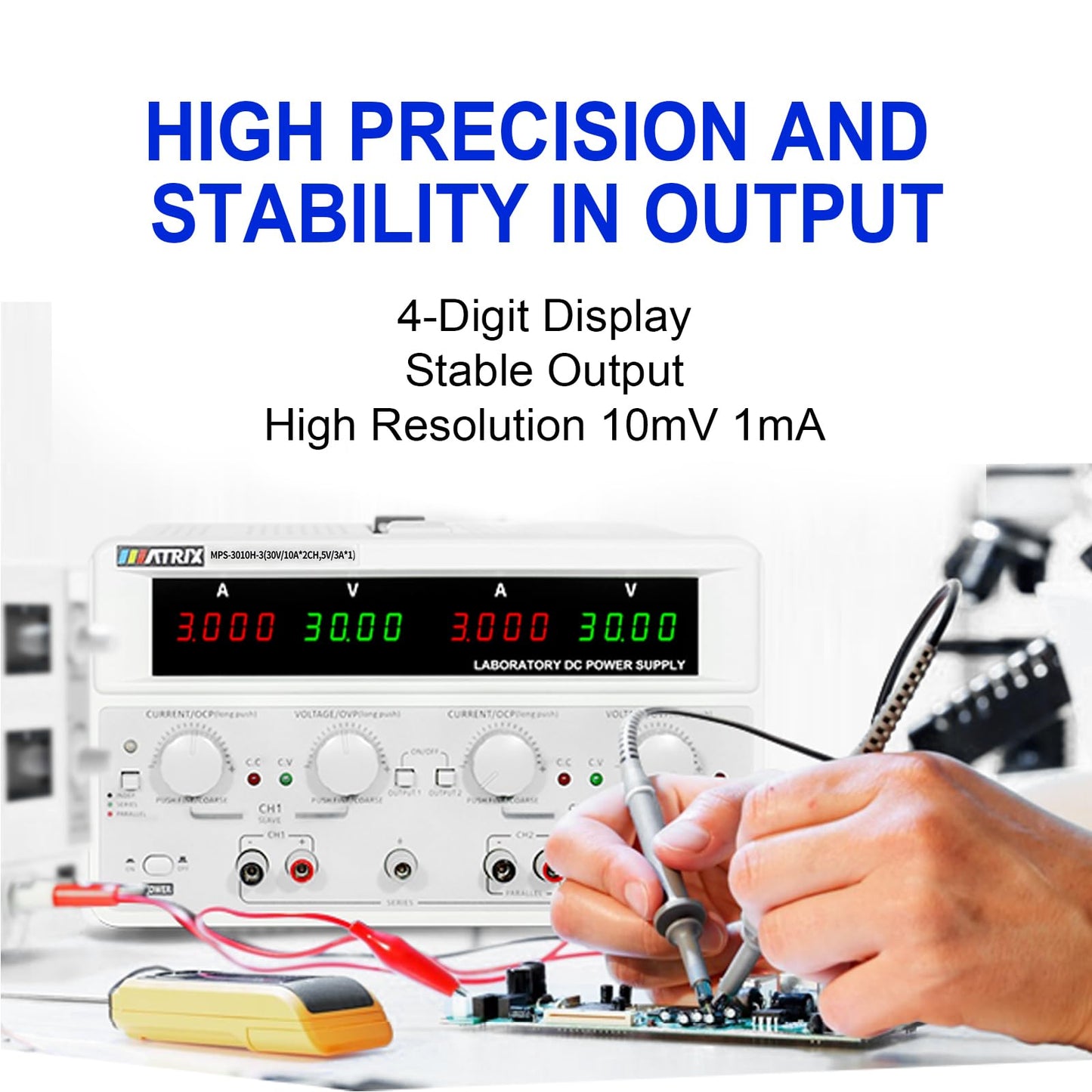 Dc Power Supply Variable 30V 10A, Triple Output Power Supply 615W, MATRIX MPS-3010H-3 Adjustable Linear DC Bench Power Supply 10mV/1mA High Resolution, Voltage/Current Display in Series/Parallel Mode