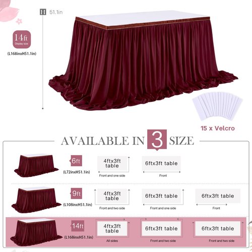 Burgundy Table Skirt 14FT Chiffon Table Skirting 2 Layer Rectangle Green Tablecloth for Birthday Baby Shower Wedding