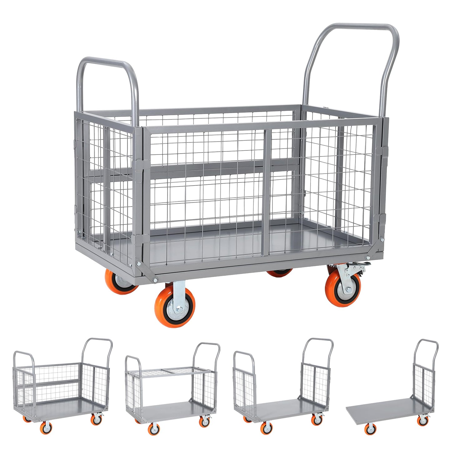 Garvee 1800 Lbs Platform Truck Cart with Cage, Heavy Duty 6-in-1 Foldable Flatbed Cart Hand Truck Dolly, Multi-Functional Push Cart with 360°Wheels, Cage Trolley for Warehouse, Grocery & Moving,Silver