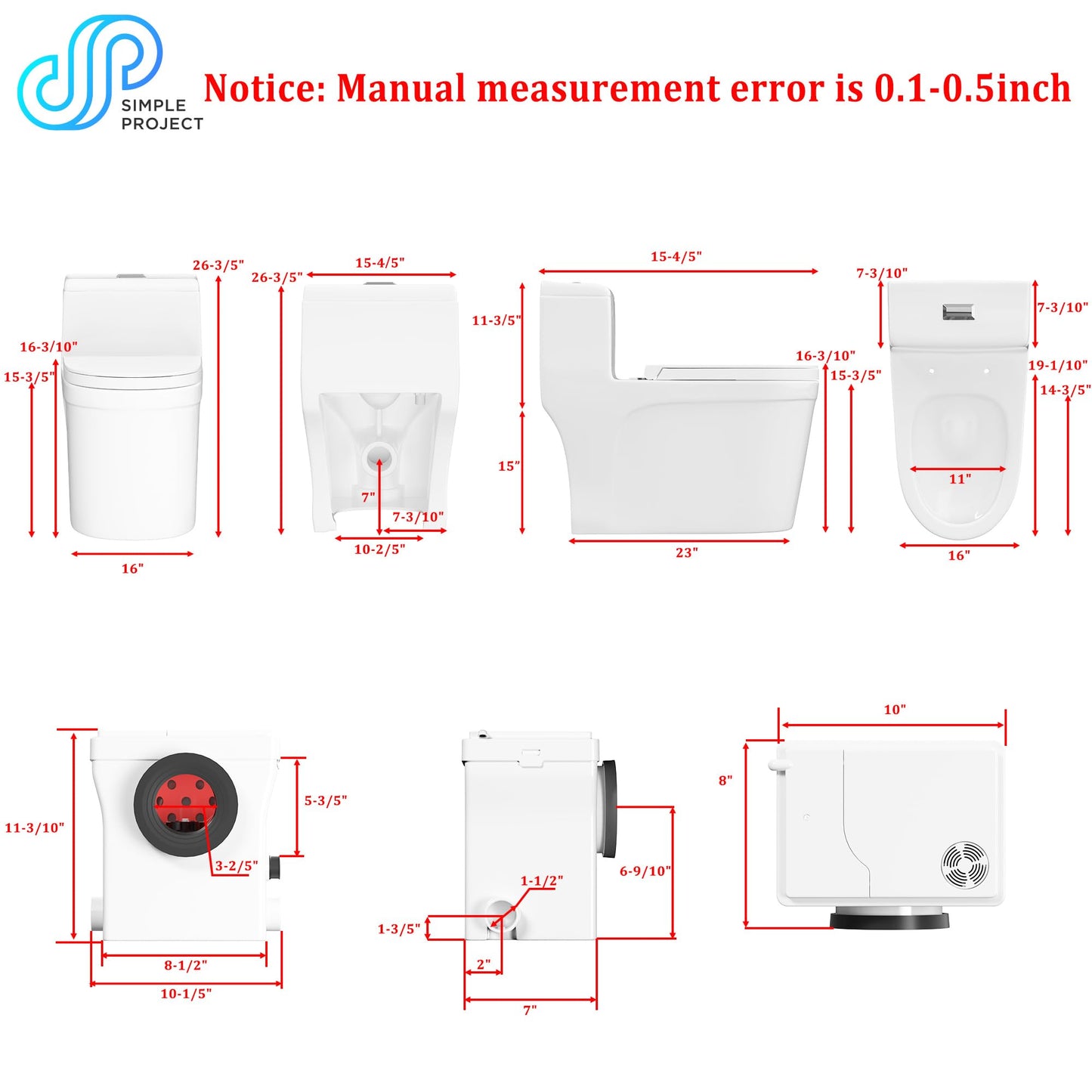 Simple Project One Piece Toilet with Pump, Macerating Toilet System with Macerator Pump, 600W Upflush Toilets for Basement - 3 Inlets for Rear Outlet Elongated Toilet Bowl, Sink & Shower