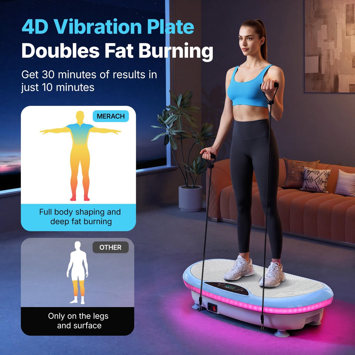 MERACH Vibration Plate Exercise Machine, 4D Whole Body Workout Vibrating Platform for Lymphatic Drainage Weight Loss Muscle Activation, Home Fitness Equipment with Bluetooth Light Pull Cord
