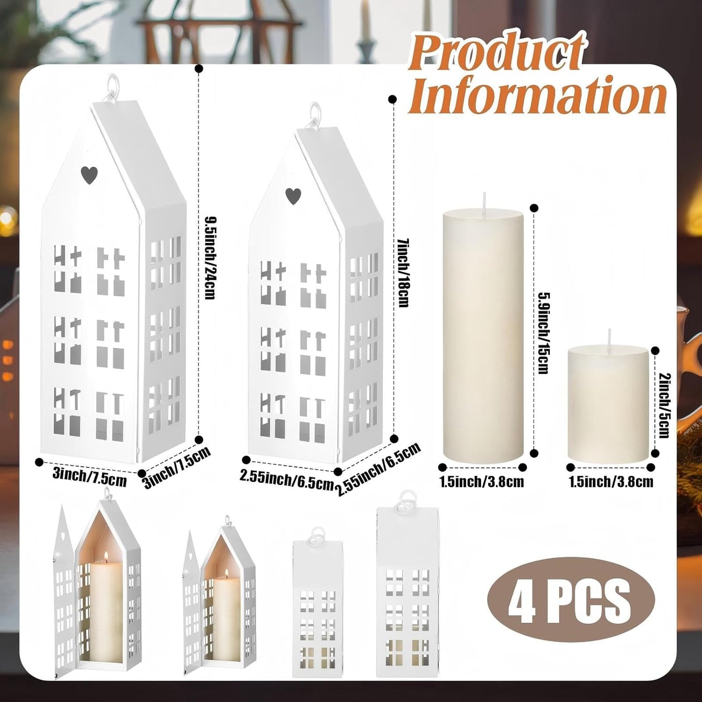 SiliFine White Farmhouse Village Set - 2 Rustic Houses with 2 White Candles | Modern Lantern Decor for Home & Events