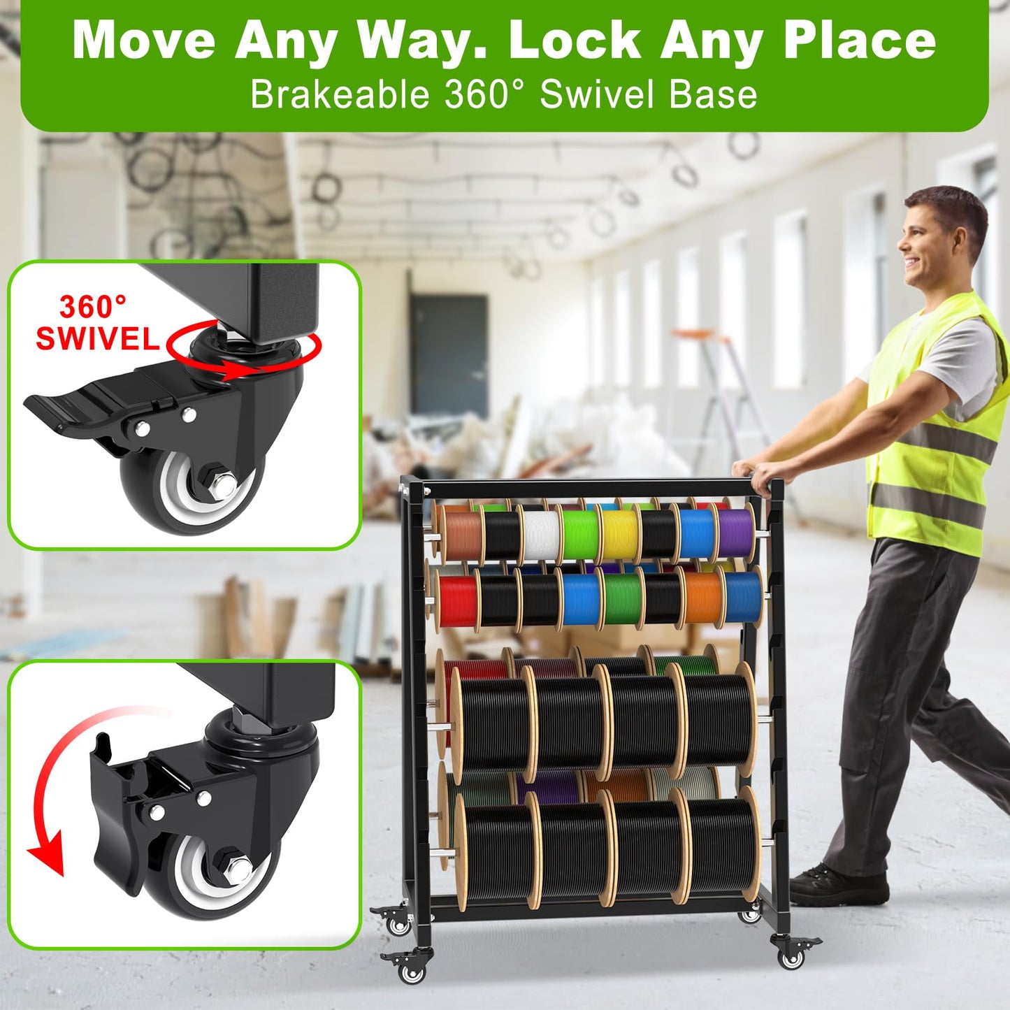 SELEWARE Heavy-Duty 8-Rod Wire Spool Rack – 400lb Capacity Cable Caddy & Dispenser with Locking Wheels, Adjustable Spool Rods for Electrical, Industrial & Retail Use