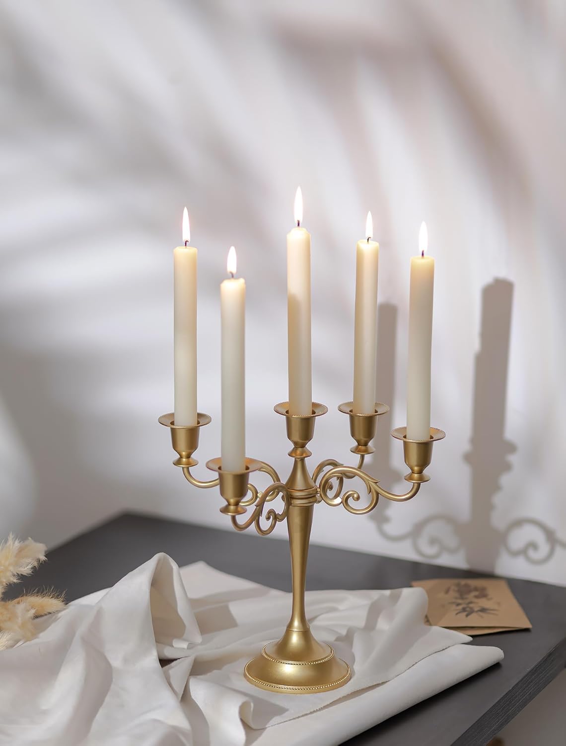 Sziqiqi Gold Candelabra | 10-Inch Table Centerpiece Candle Holder for Taper Candles - 5 Arms Design