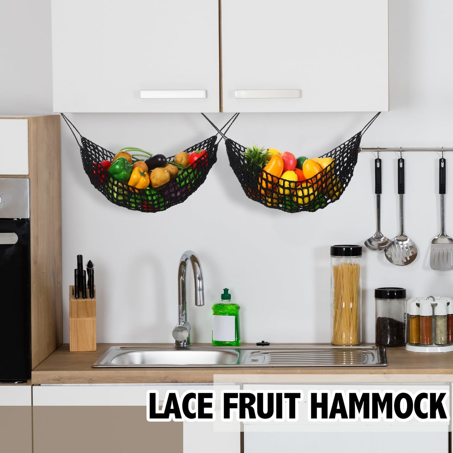 Xuhal 2 Pcs 11.8 x 20 Inch Large Macrame Fruit Hammock Under Cabinet Veggie Banana Hammock Hanging Fruit Basket Saves Counter Space for Kitchen Hand-woven Lace Hanging Basket (Black Style)