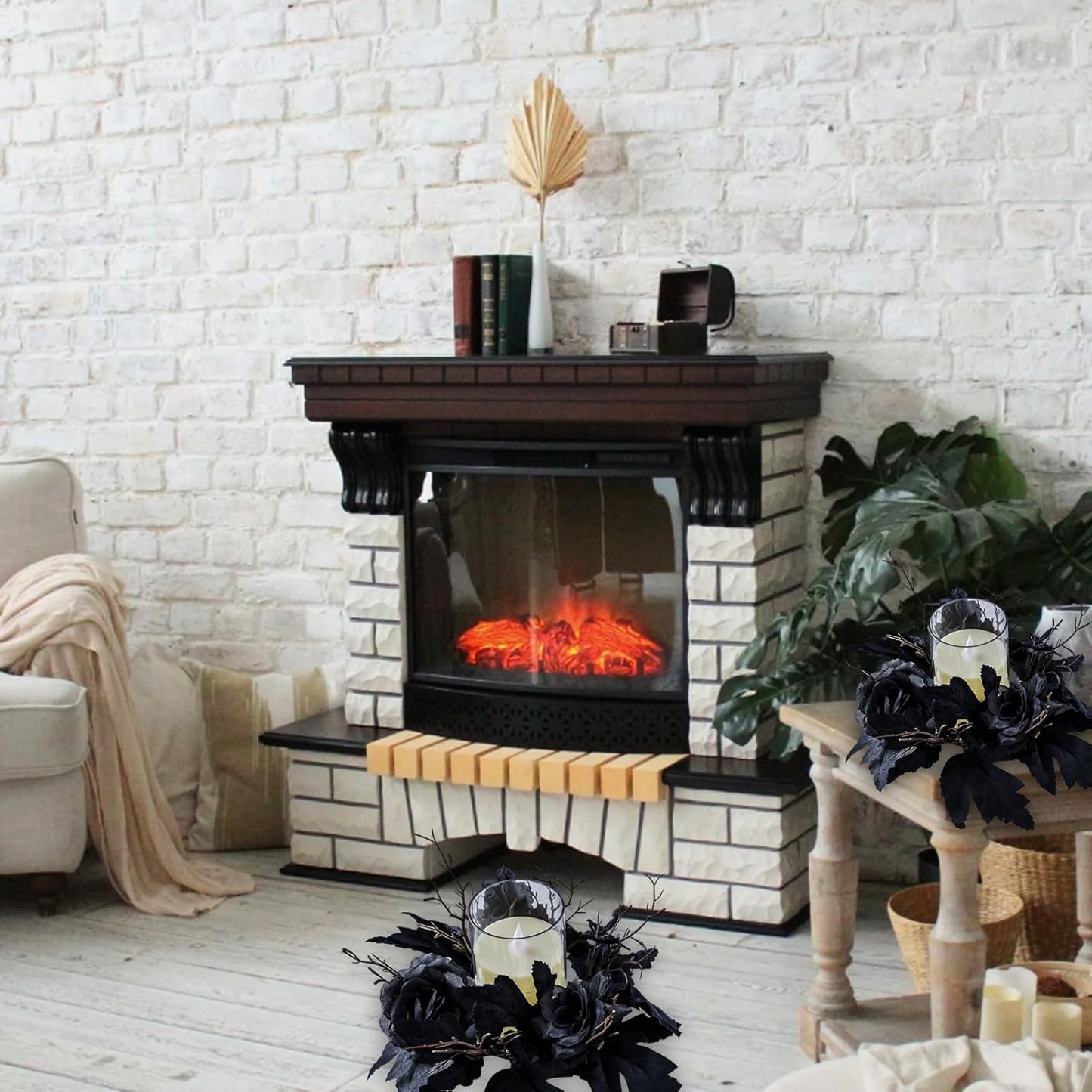 Skiennix Gothic Halloween Wreath - Black Candle Rings & Maple Rose Garland | Perfect for Home Decor