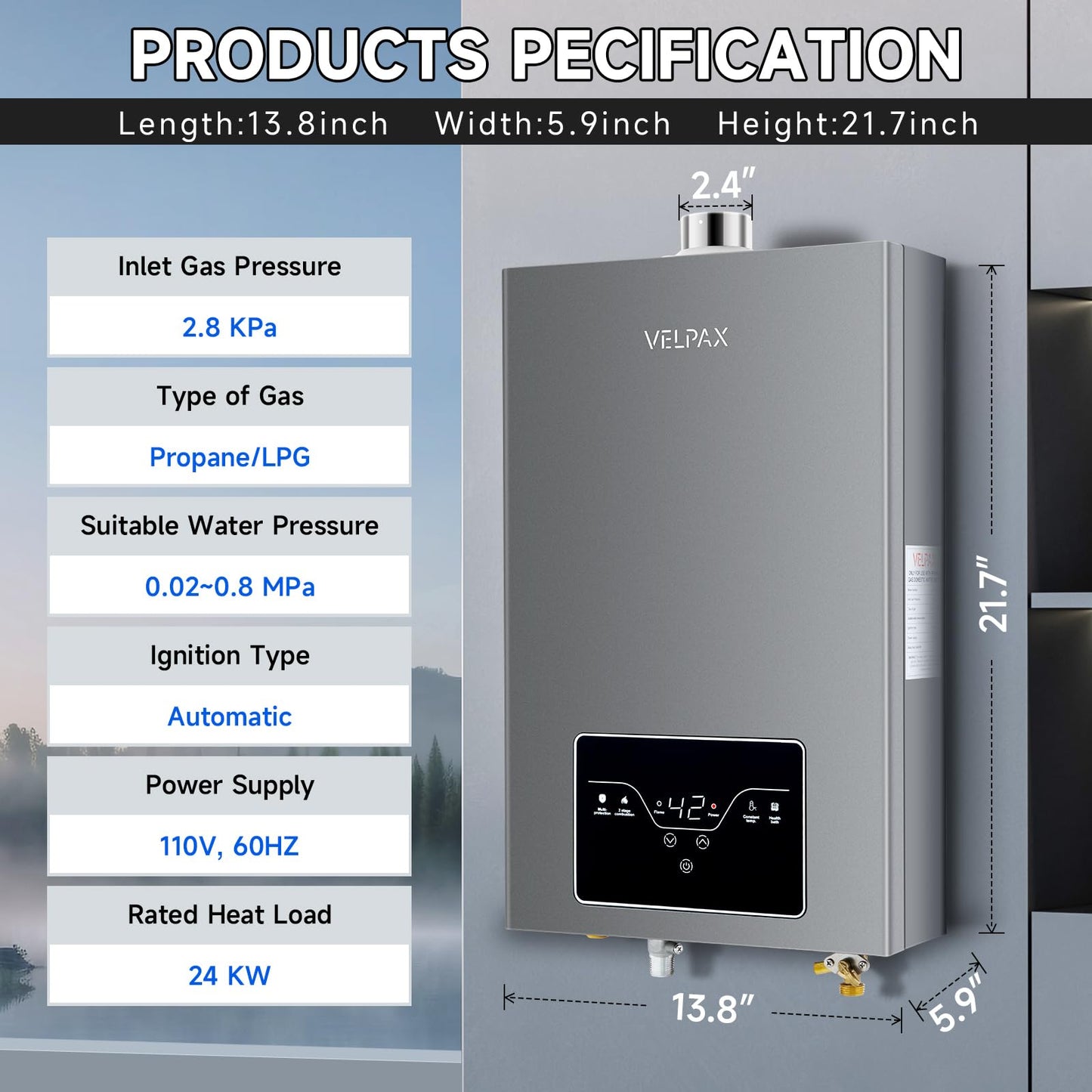 Propane Tankless Water Heater, 4.21GPM 16L Indoor,Instant Hot Propane Gas Water Heater with Multi-Protection