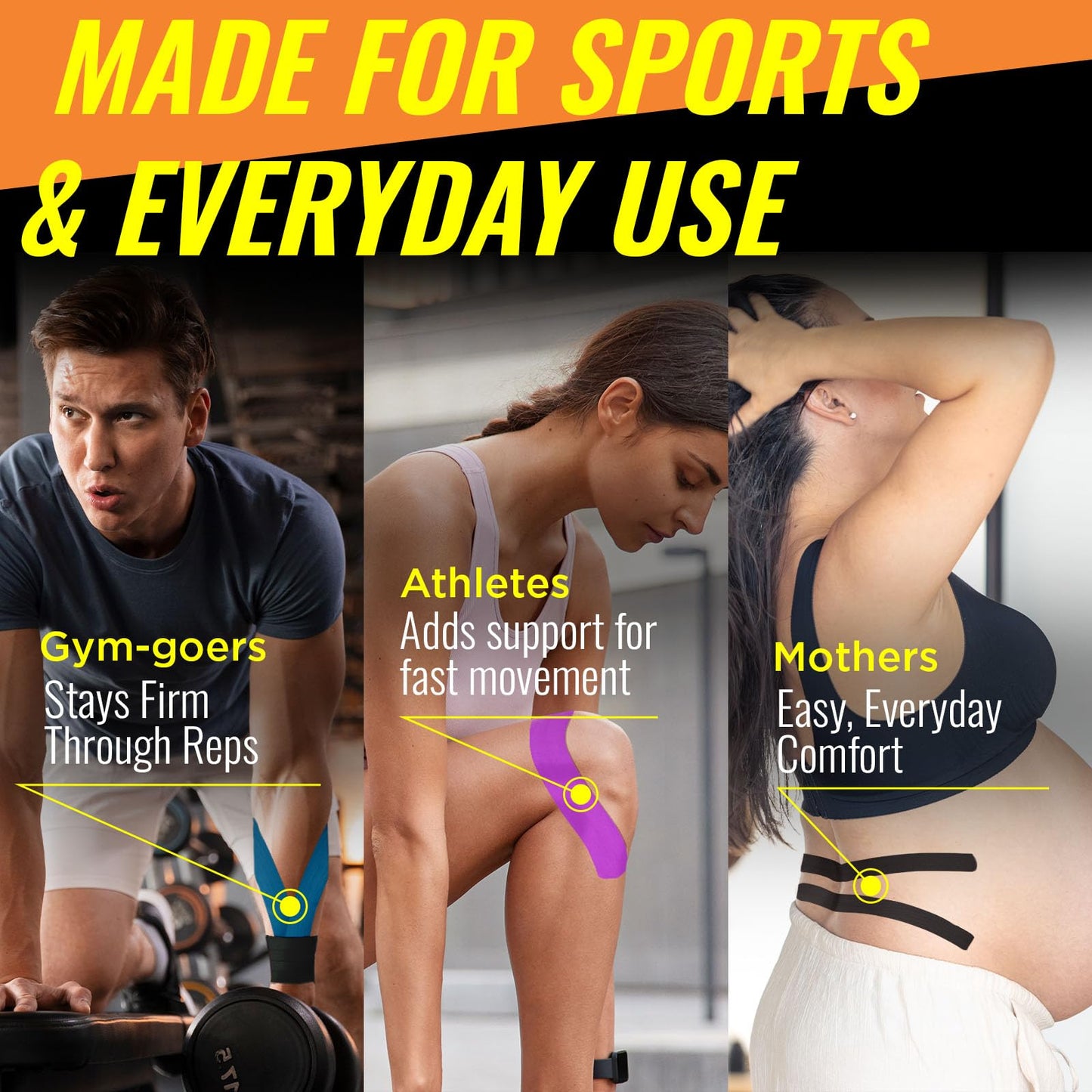 Adamson Kinesiology Tape – Sports & Athletic Tape 2 in x 16 ft – Elastic, Latex-Free, Water-Resistant Muscle Support Tape – 3 Rolls (Black, Blue, Pink) – for Training & Recovery