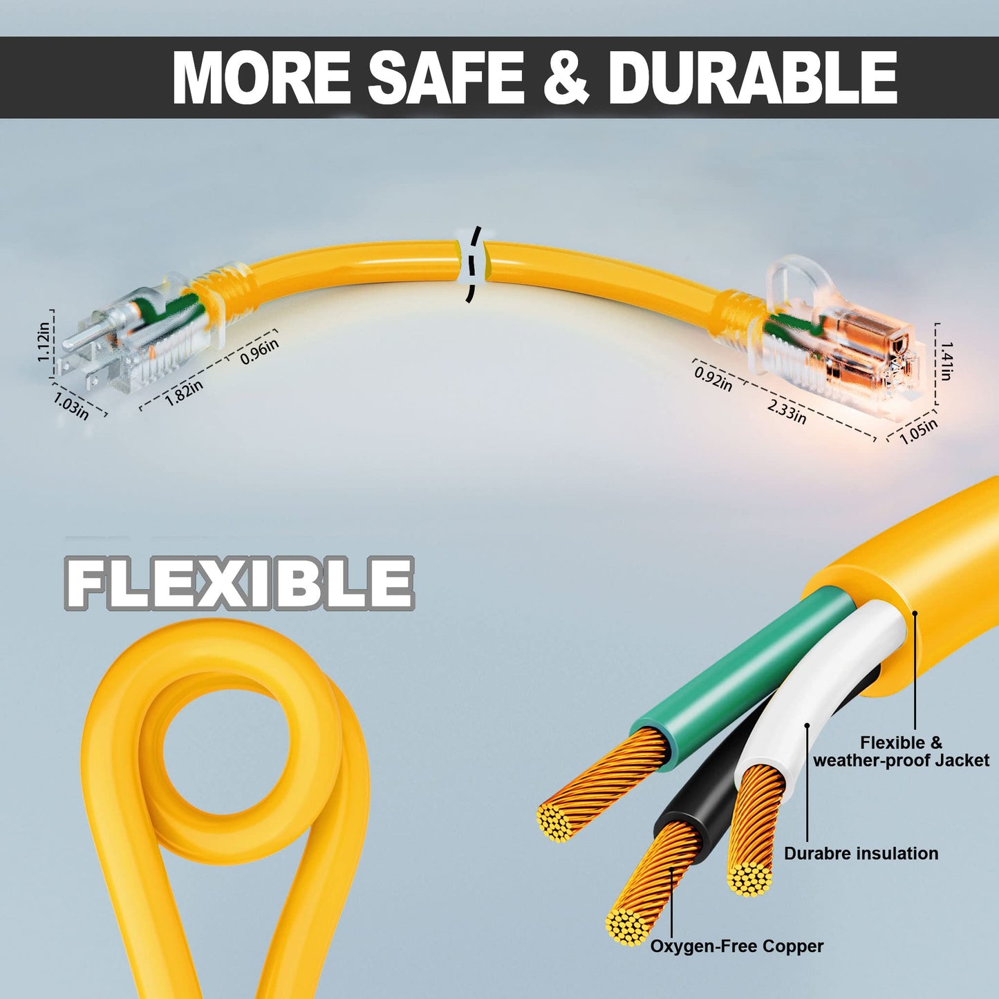 HUANCHAIN 200 ft 12/3 Gauge Outdoor Extension Cord Waterproof Heavy Duty with Lighted end, Flexible 3 Prong Electric Cord Outside, 15Amp 1875W 12AWG SJTW, Yellow, ETL