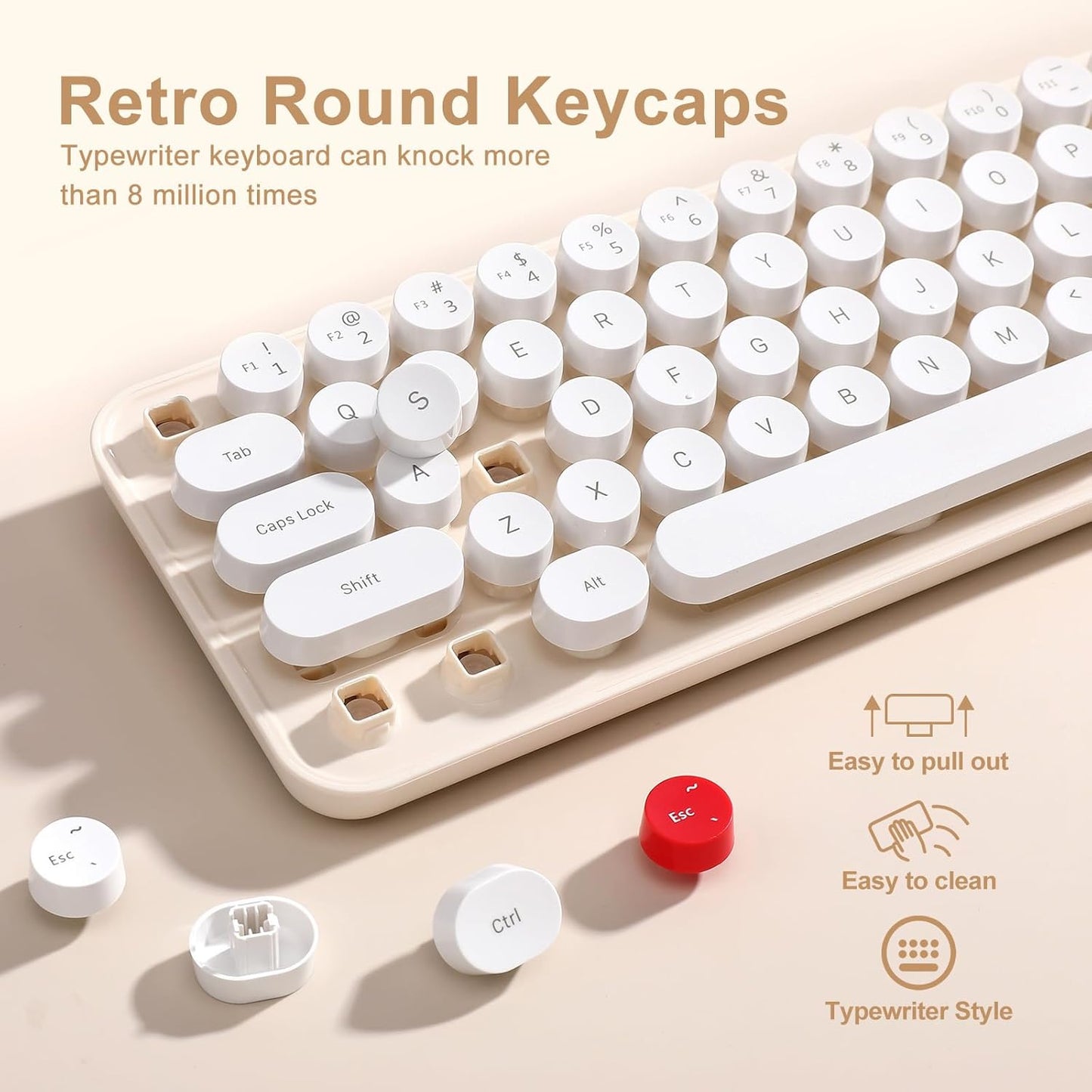 MIKIBY i68 2.4GHz WindowsxP/7/8/10 Wireless Keyboard and Mouse Combo, Retro Typewriter Style Keyboard with Round