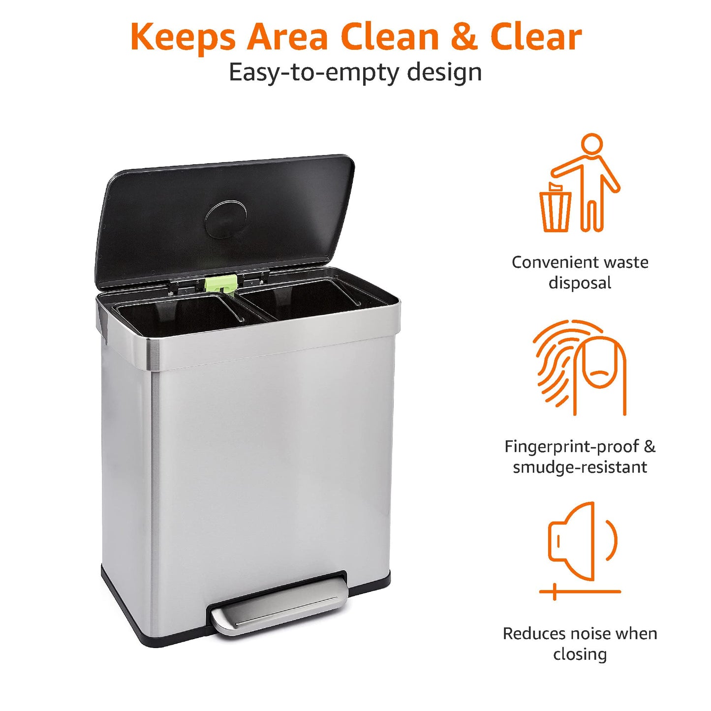 Amazon Basics Dual Compartment Recycling Trash Can with Soft-Close Lid, Fingerprint Resistant, Removable Liner Buckets, 60 Liters, Rectangular, Grey, Silver