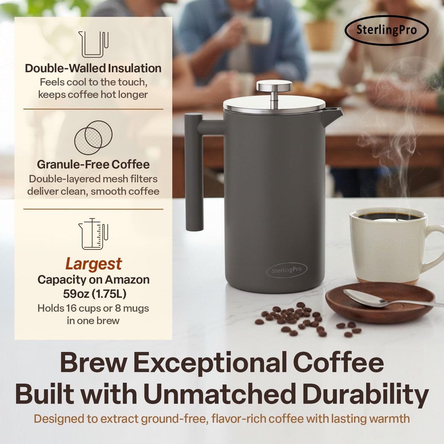 SterlingPro 1.75 L 59 oz Grey Extra Large French Press Coffee Maker and 6 Pack Replacement Screens Bundle Stainless Steel Double Wall Insulated for Tea and Coffee