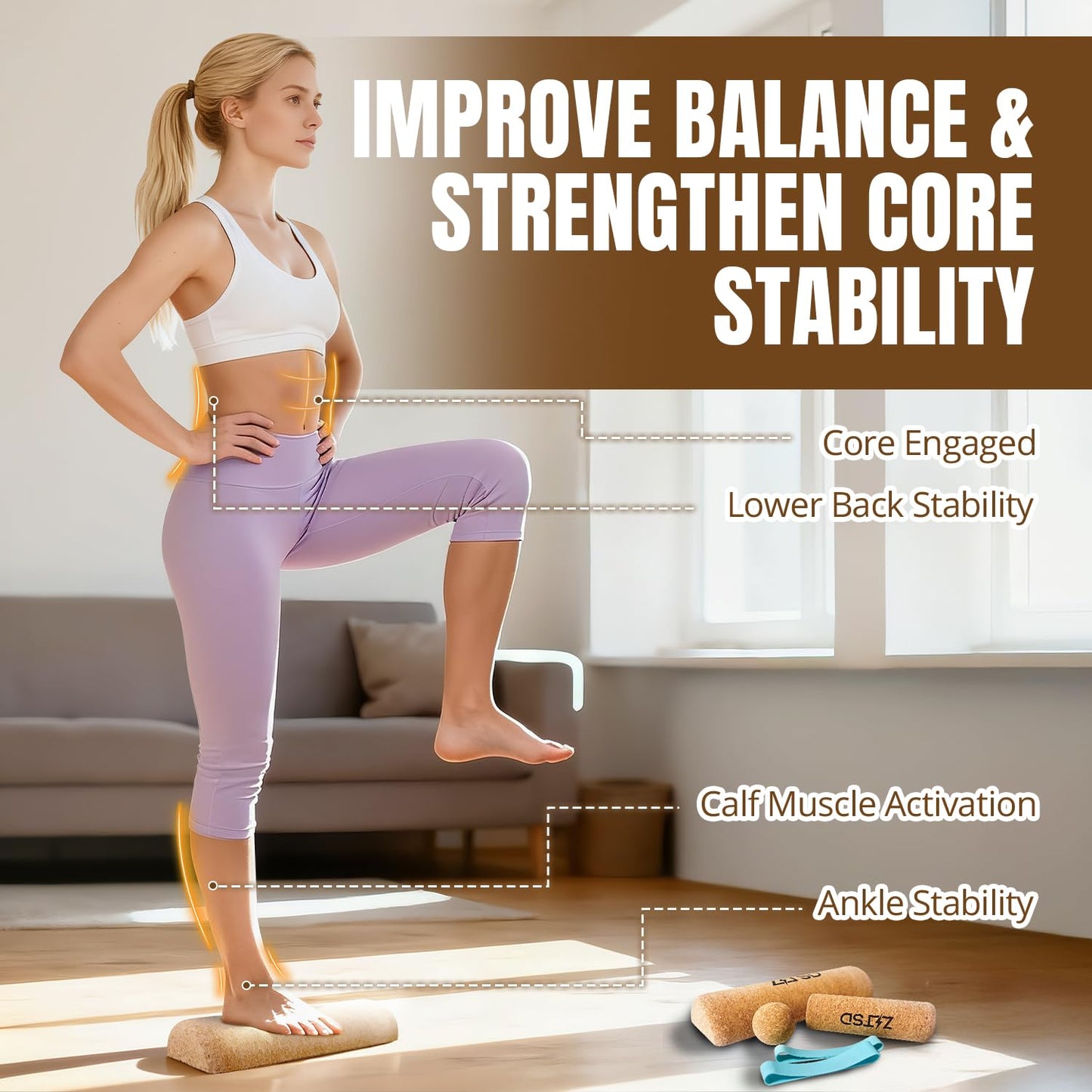 ZITSD Cork Balance Board for Feet, 4-in-1 Ankle Balance and Foot Strengthener Kit with Half Dome Boards, Foot Roller, Massage Ball, Toe Resistance Bands and Exercise Guide