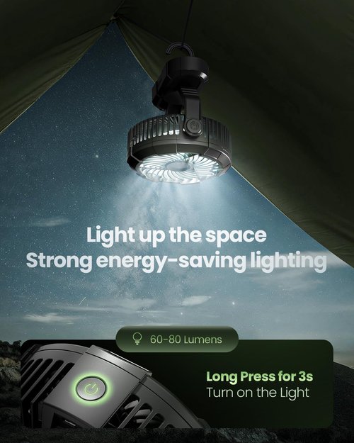 Gaiatop Portable Camping Fan with LED Lantern, Power Display 360° Head Rotation, Hanging Hook for Tent, 3 Speed Quiet Rechargeable, 4000mAh Battery Operated USB Fans for Indoor Outdoor Travel Black