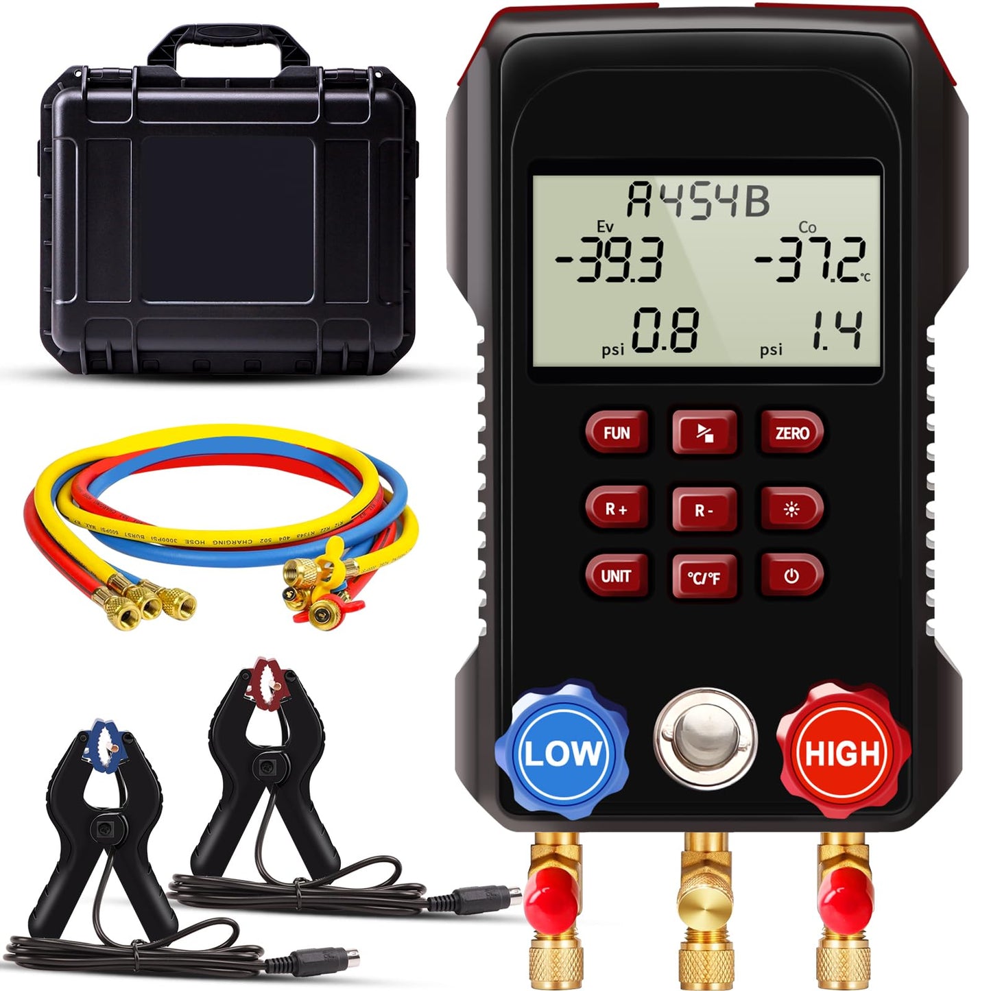 Simbow Digital Manifold Gauge, AMF-300 Digital AC Gauge Set HVAC Gauges with Super Soft 3000 Psi Air Hose Strong Biting Force Temperature Clamp for HVAC System Install Tool A2L R454B R-32 R-1234yf
