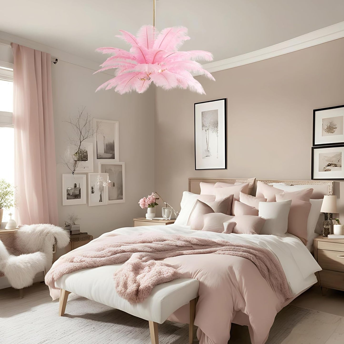 NZV Pink Feather Chandelier - Romantic Ostrich Feather Pendant Light for Girls' Room | 23.6in E14 Base
