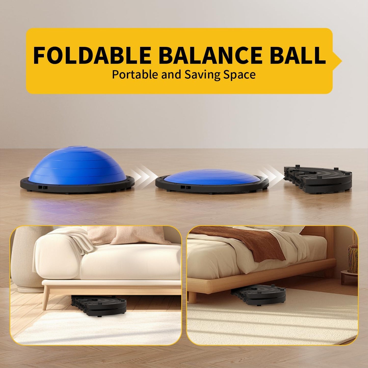 Vtory Foldable Balance Ball, Upgrate Half Ball Balance Trainer, 1300 lbs Capacity Stability Ball, 23.5 Inch Yoga Half Ball, with Resistance Band & Foot Pump, No-slip