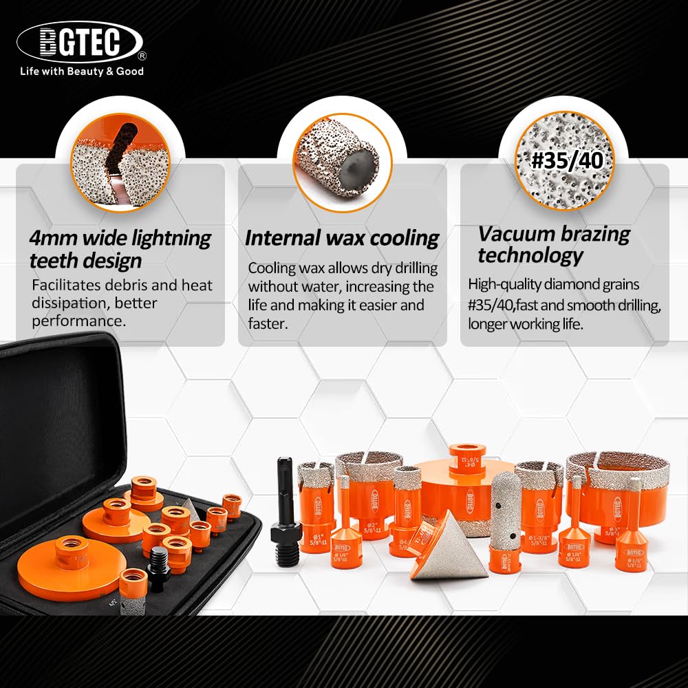 BGTEC Diamond Hole Saw Kit Marsonry Drill Bits,5/8-11 Thread 12pcs 6/6/8/20/25/35/50/75/100mm Drill Bits+20mm Milling Finger Bit+2" chamfering Bit+SDS for Granite Marble Porcelain Tile Ceramic