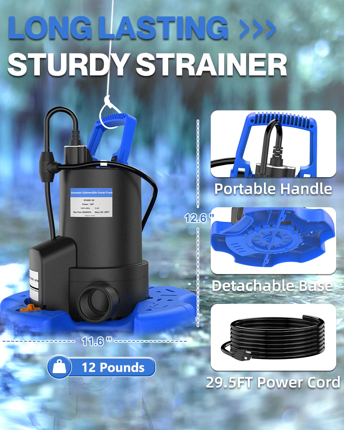 Automatic Pool Cover Pump - 1 HP 5000 GPH Submersible Water Pump with Check Valve and 3 Adapters, 29.5FT Cord for Pumps Above Ground Automatic On/Off System, Sump Pump for Basement Floods, Pond Pump