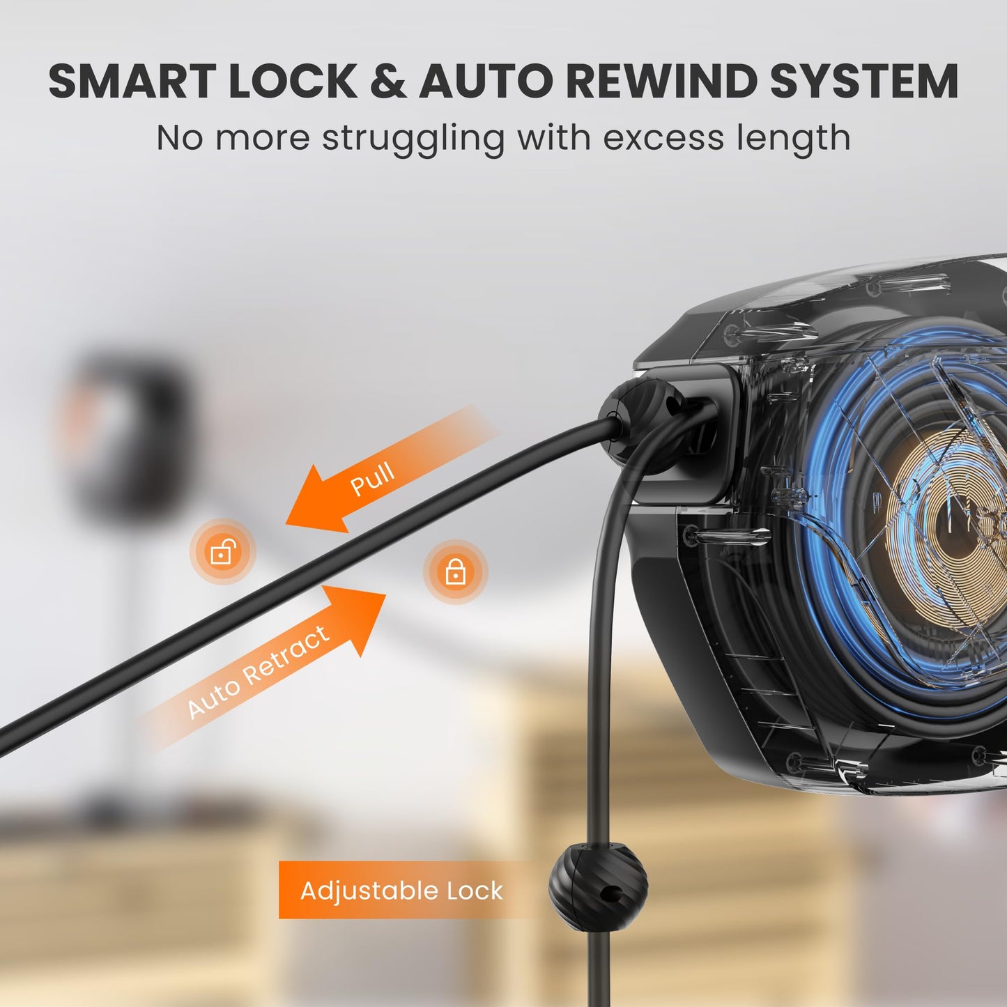 Giraffe Tools Retractable Extension Cord Reel SJT, Heavy Duty Power Cord Reel Wall/Ceiling Mount for Garage with Lighted Triple Tap, 12AWG/3C 50FT