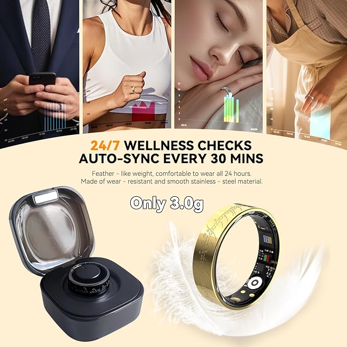 Ultra Smart Ring for Women Men,Health Fitness Tracker with Sleep/Blood Pressure/Oxygen Monitoring, Heart Rate & Activity Tracking,IP68 Waterproof, 5+Day Battery,No Subscription Fee 1-Gold 10