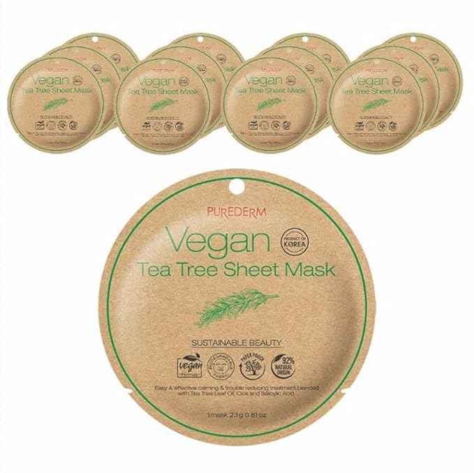 Purederm Vegan Tea Tree Sheet Masks (12 Packs) ??Facial Sheet Mask for Calming & Trouble Reducing Treatment