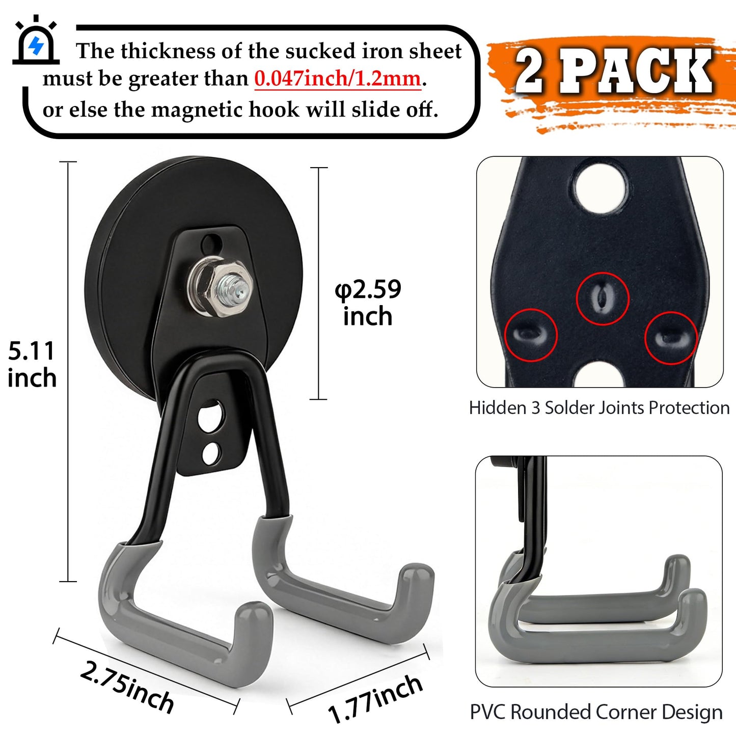 ULIBERMAGNET New Upgraded Heavy Duty Magnetic Hooks,Strong Large Magnet Hooks for Power Drill,Garden Tools, Hose,Pegboard,Garage,Workshop,2 Pack Magnetic Storage Hooks for Indoor Outdoor Hanging(Gray)