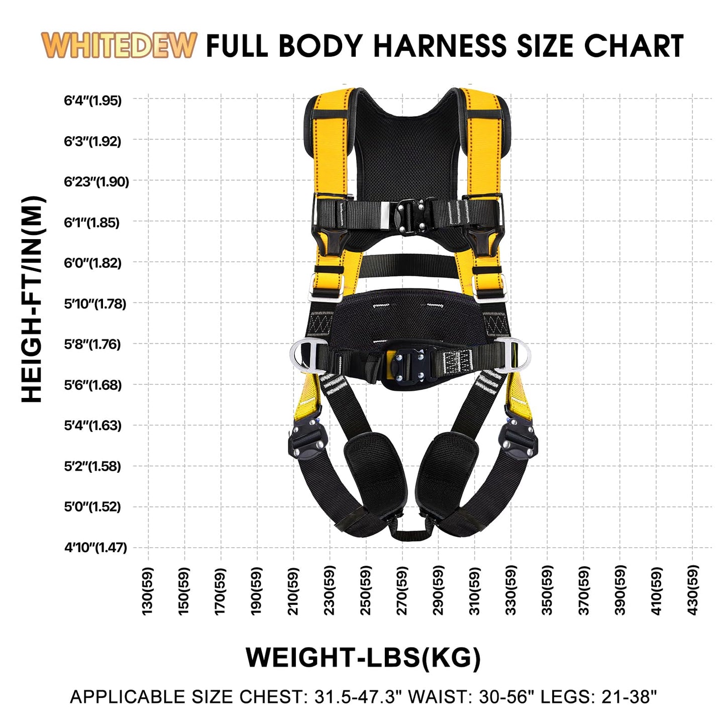 WHITEDEW Fall Protection Premium Safety Harness with Shock Absorbing Lanyard, Vented & Padded Shoulder, Legs & Back - Upgrade 4 Quick Buckles (Yellow)