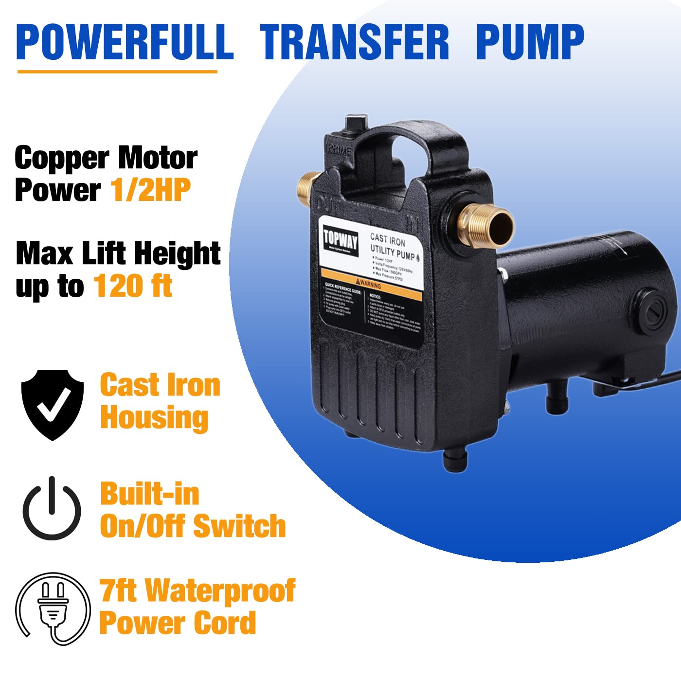 TOPWAY 1/2HP 1560GPH Portable Cast Iron High Pressure Utility Transfer Water Pump with Built-in On/Off Switch,Hose connectors & Suction Strainer.