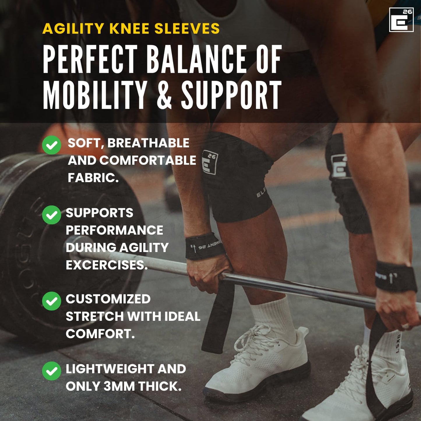 Element 26 Agility Knee Compression Sleeve - 1 Pair (3mm) Compression Knee Sleeve - Knee Support for Working Out - Running & Weight Lifting Knee Sleeves | For Men & Women (Medium, Black)