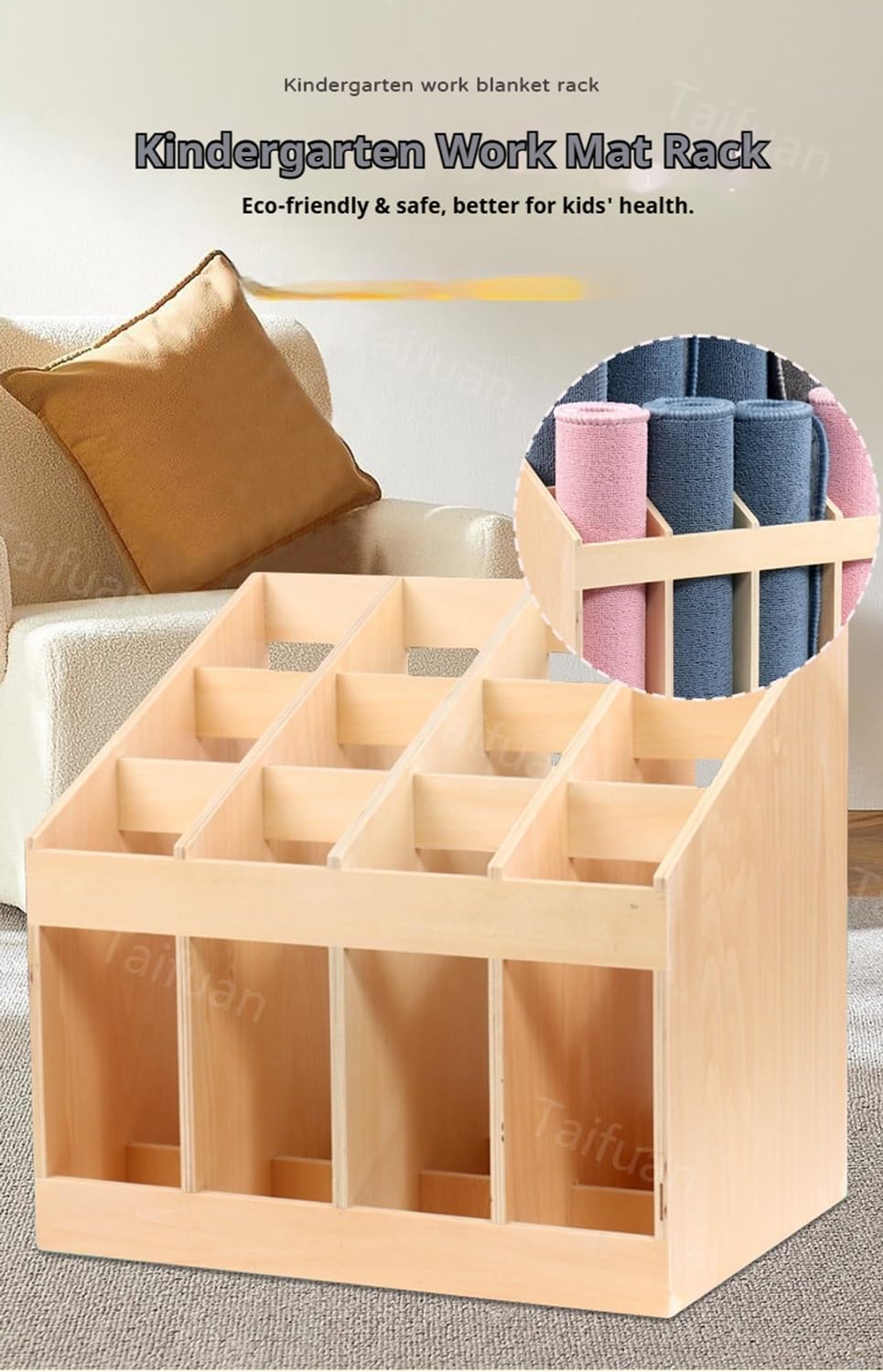Floor Yoga Mat Rack Wood - Holds 12 Mats, Large Home Gym Yoga Mat Storage Holder, Foam Roller and Carpets Storage Organizer for Kindergarten