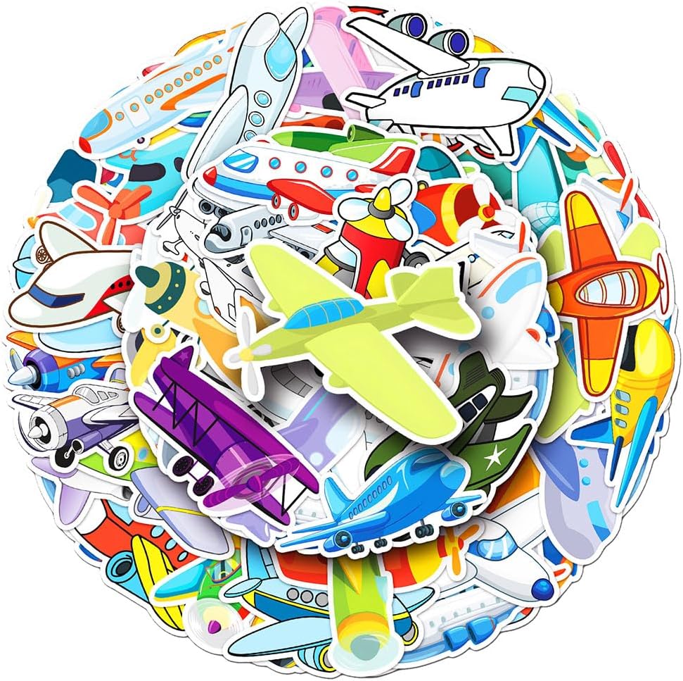 Mekycro Pack 50 Set Airplane Stickers PCS, Cute Cartoon Waterproof Vinyl Die-Cut Aircraft Sticker for Water Bottles