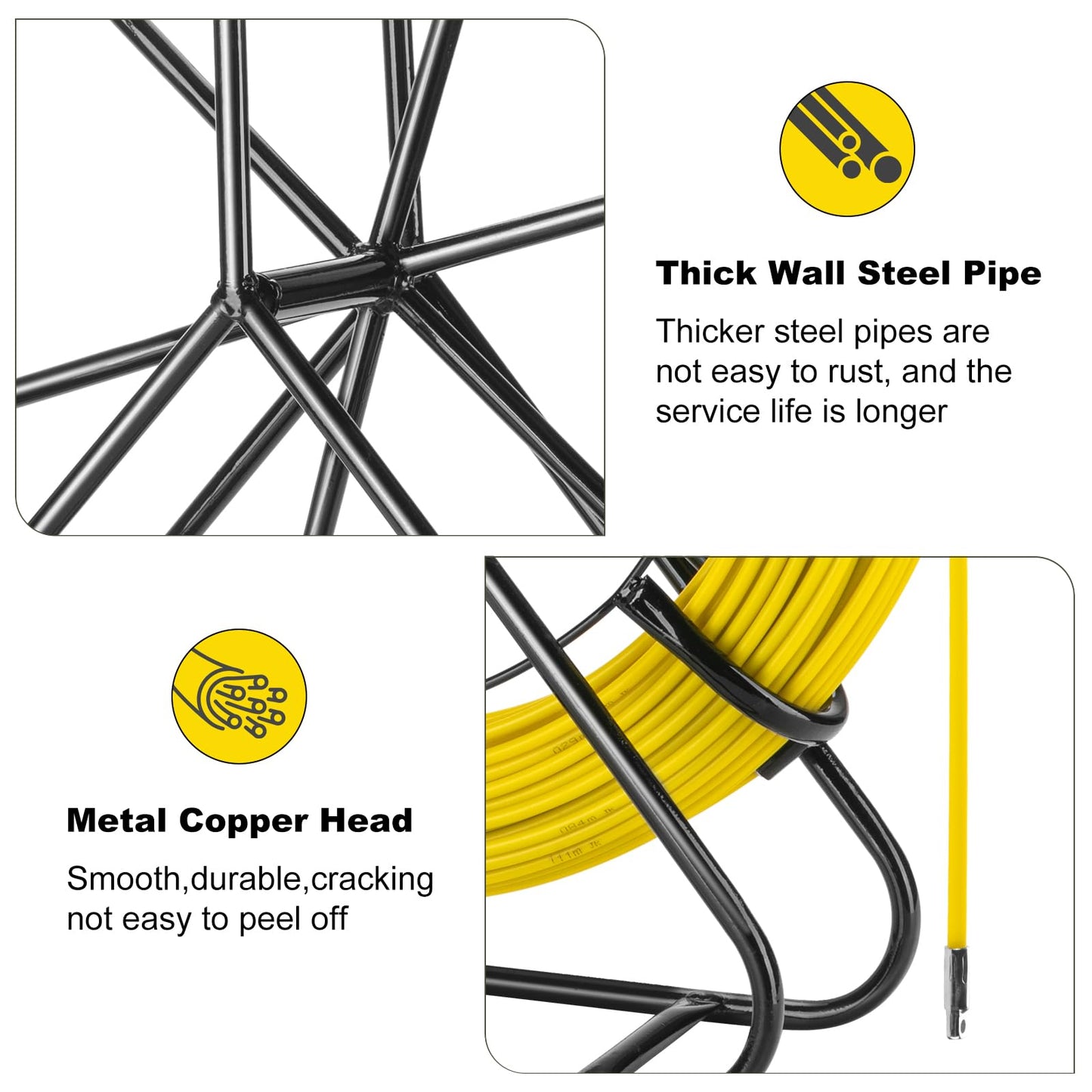 6mm x 200m (656ft) Fiberglass Fish Tape with Steel Reel Stand - Non-Conductive Duct Rodder & Cable Puller for Electrical Wiring, Conduit, Walls and Pipes