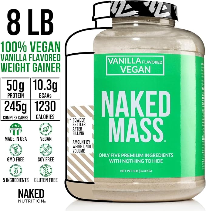 NAKED Vegan Mass - Vanilla Vegan Weight Gainer - 1,230 Calories, Non-GMO, Soy & Gluten Free, No Artificial Ingredients - 8LB Bulk - 11 Servings