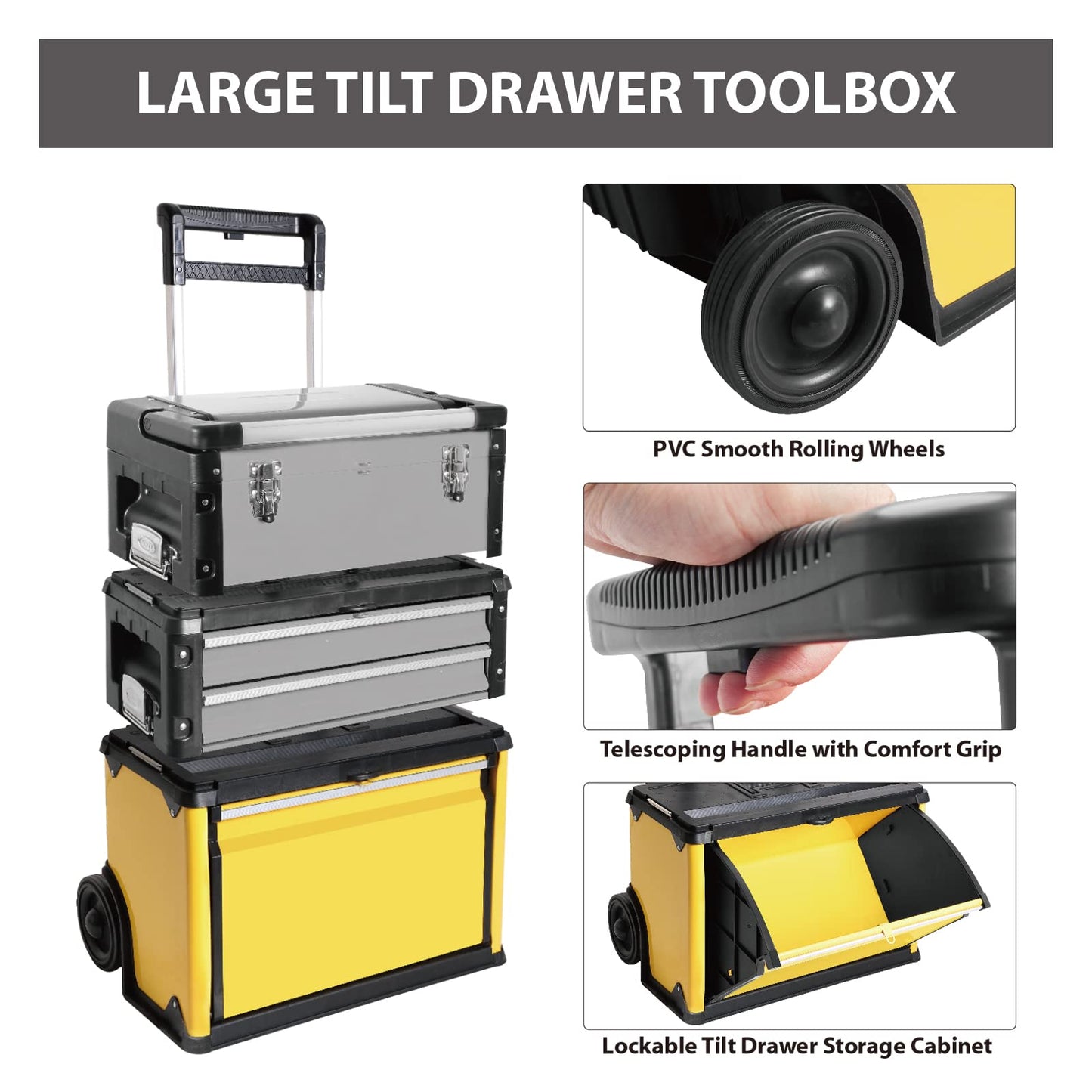 BIG RED Stackable Portable Metal Tool box Organizer with Wheels and 2 Drawers, Rolling Upright Trolley Tool Chest for Garage or Workshop,Yellow,ATRJF-C305ABDYR