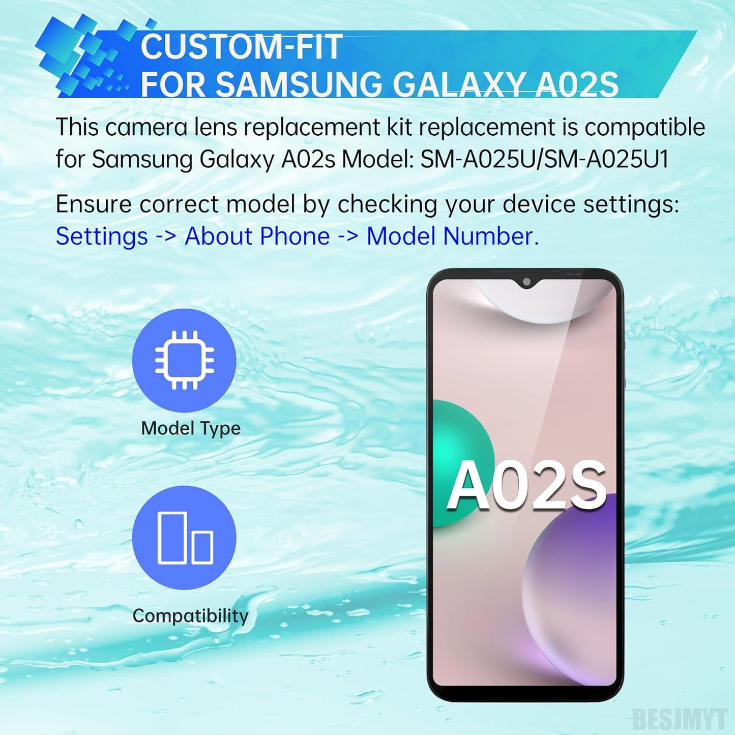 BESJMYT 2 Pack A02s A02s SM-A025U SM-A025U1 Rear Camera Lens Replacement for Samsung Galaxy Adhesive Back Camera Glass