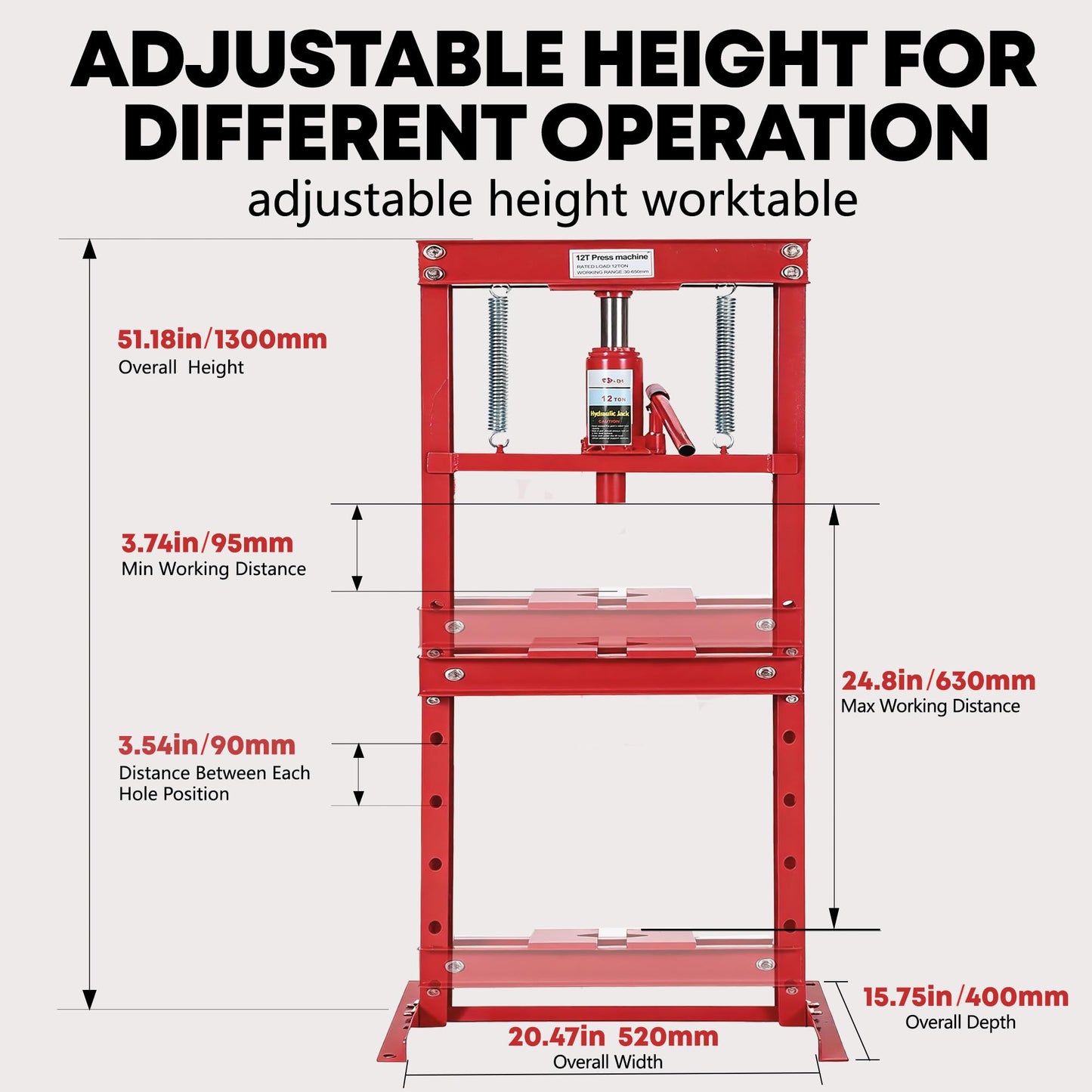 ExploreHorizon 12 Ton Hydraulic H-Frame Shop Press with Adjustable Table & Stamping Plates for Auto Repair, Garage Use, Metalworking, Red