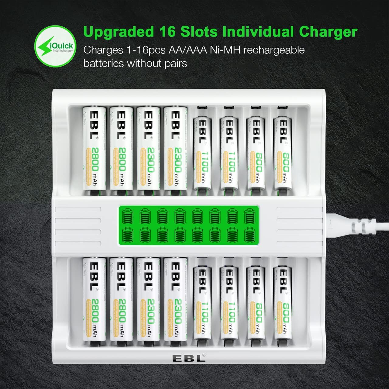 EBL 16 1-Hour AA Battery Charger, Bay Batteries Charger with Fast Charging with LCD Display and AC Plug Cable for AA