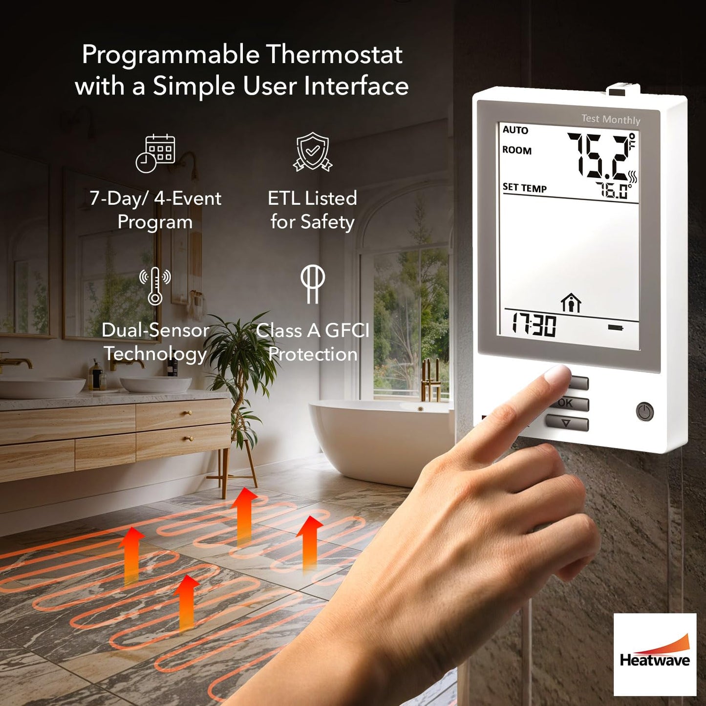 Electric Floor Heating System for Tile 15 sqft 120V 1.5Amps 180Watts-Heated Flooring System for Bathroom Floor Heating Kit Underfloor Comfort Heat 7Day/4Event Programmable GFCI Thermostat by Heatwave