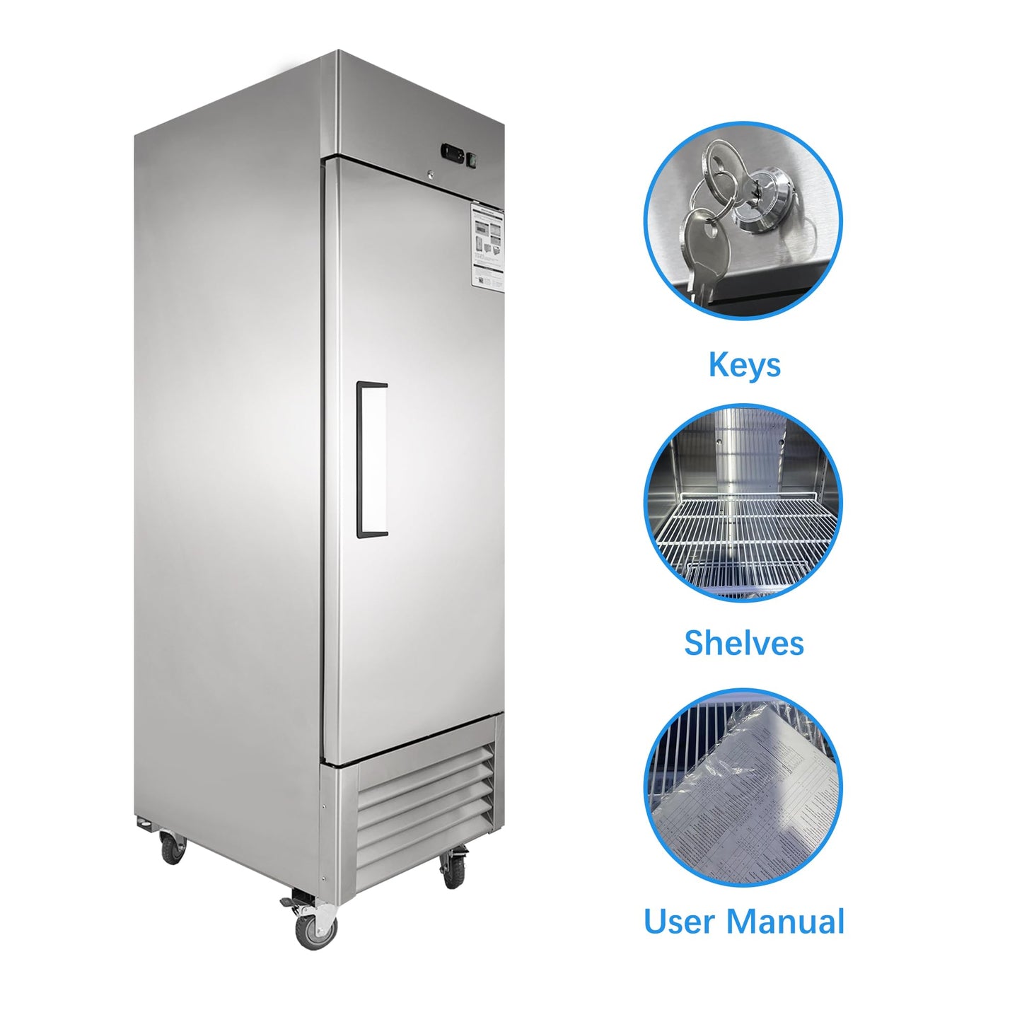 JINSONG 27" Commercial Refrigerator with Single Solid Door, 23 cu.ft Stainless Steel Reach-in Refrigerator for Restaurant, Bar, Shop, Residential