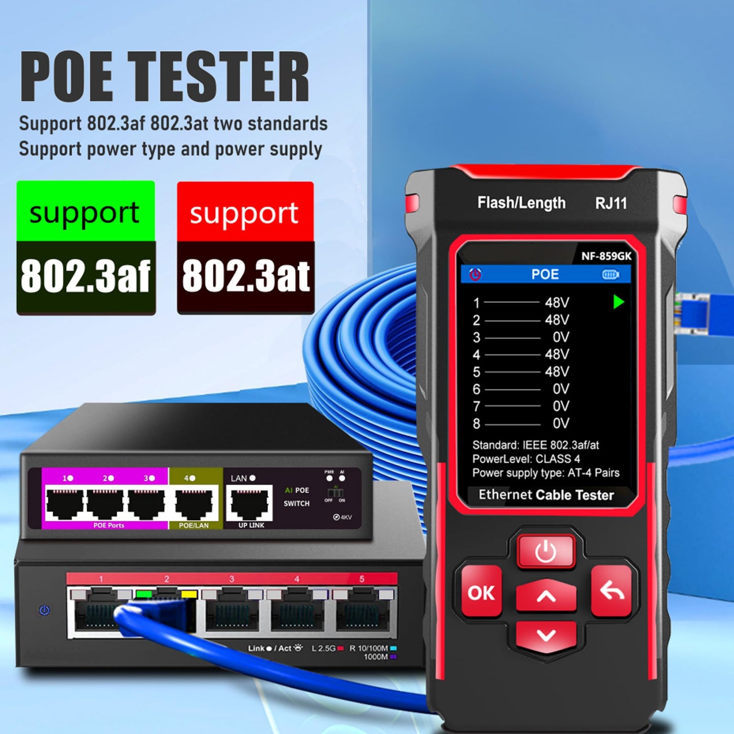NF-859GK Network Cable Tester TDR Multi-Function with lP Scan CAT5 CAT6 CAT7 PING/POE/RJ45 RJ11 Cable TonerTester for Phone Lines CAT3, Ethernet,Wire Tracer LAN Network Tool Fiber Optic Continuity