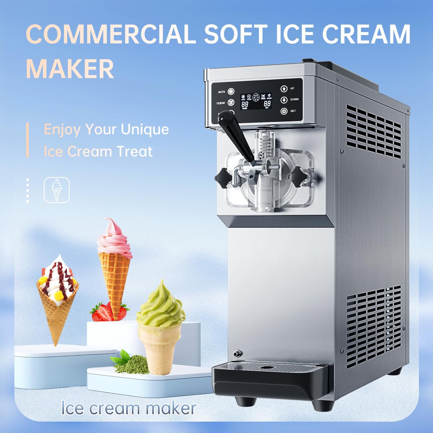 Commercial Ice Cream Maker Machine 1200W Single Flavor Soft Serve Ice Cream Machine 3.2 to 4.2 Gal/H 110V Ice Cream Machine with Pre-Cooling, Auto Clean, 6L Hopper for Restaurant Snack Bar