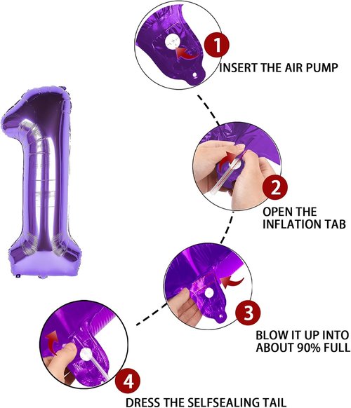 1st Birthday Balloon - Purple 40-Inch Big Foil Mylar Number Balloon for Boys & Girls | Party Decorations