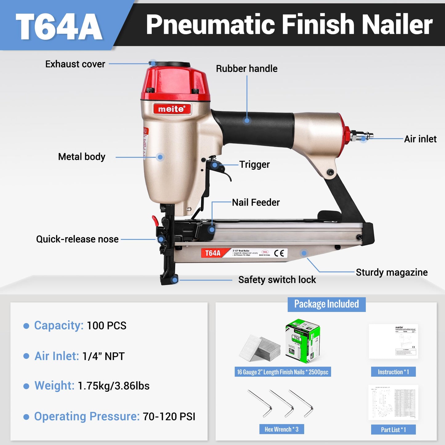 meite T64A 16 Gauge Finish Nailer with Straight Finish Nails 5 Sizes Assorted Set 2,500PCS, Pneumatic Finish Nail Gun for Baseboard Crown Molding Cabinetry