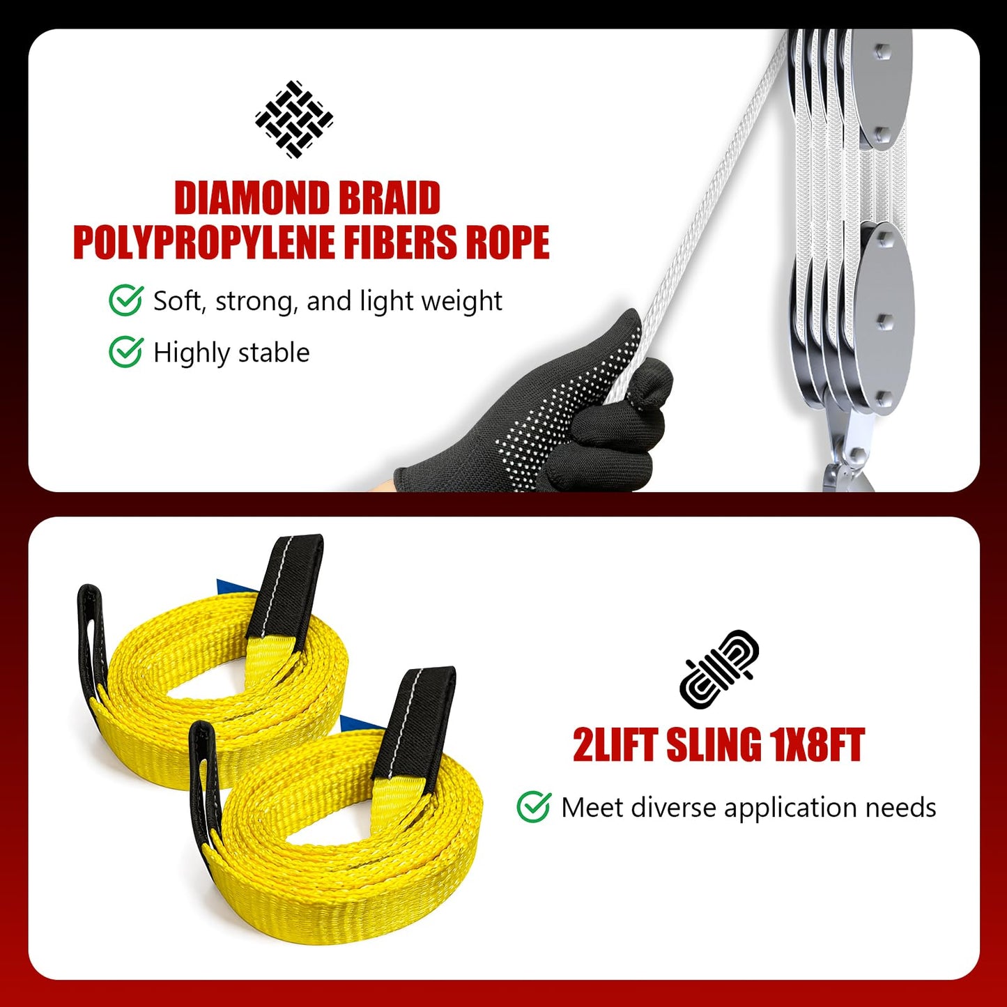 YATOINTO Upgraded Rope Pulley Hoist 4400 LB, 8:1 Pulley Block and Tackle System, Pulley Block 2200LB Loading Capacity, 65ft Heavy Duty Rope Hoist for Hunting Garage Warehouse (with 2PCs Straps)