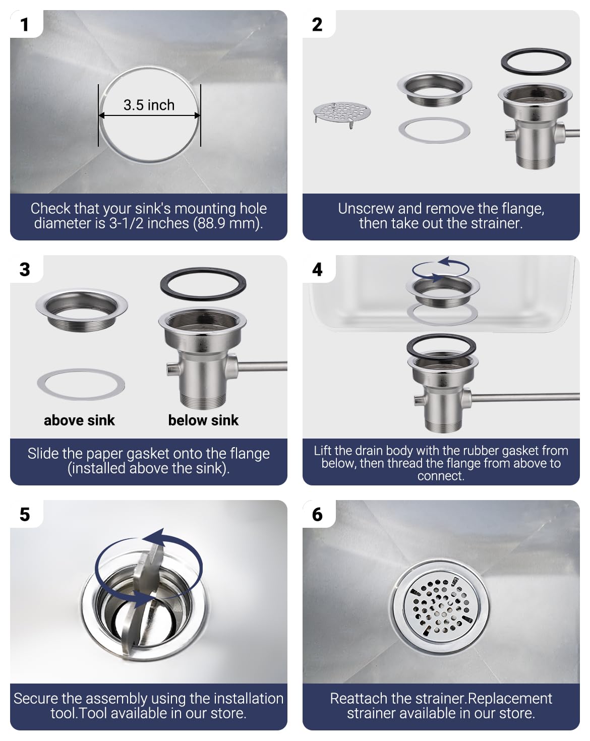 3-Pack of Commercial Sink Drains(Without Overflow Inlet) + 1-Pack Installation Tool