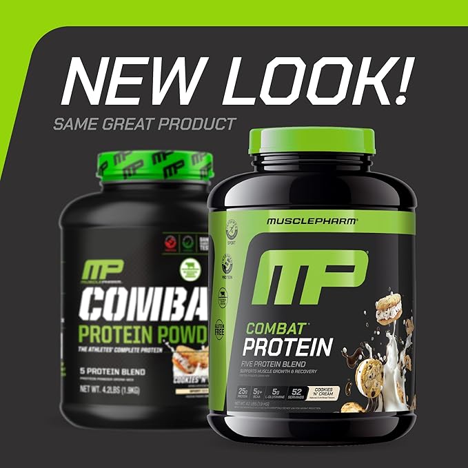 MusclePharm Combat Protein Powder, Cookies ?˜N??Cream Flavor, Fuels Muscles for Productive Workouts, 5 Protein Sources including Whey Protein Isolate & Egg Albumin, Gluten Free, 4 lb, 52 Servings