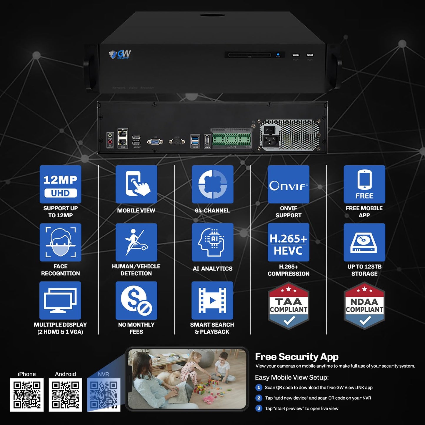 GW Security 64 Channel 12MP NVR UltraHD License Plate/Face Recognition NDAA & TAA Compliant Security Camera System with 64 x 5MP Outdoor & Indoor Color Night Vision Two-Way Audio PoE Turret Cameras