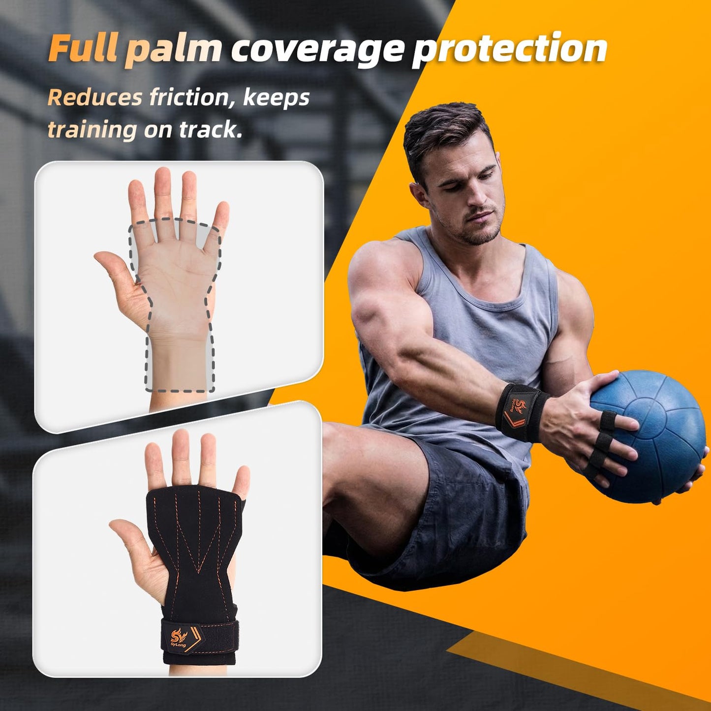 Sylong Gymnastics Hand Grips for Cross Training, Pull ups, Weight Lifting, Gymnastics; Effectively Plam Protection; offering a larger coverage area than standard grips，for Men and Women (Black-S)